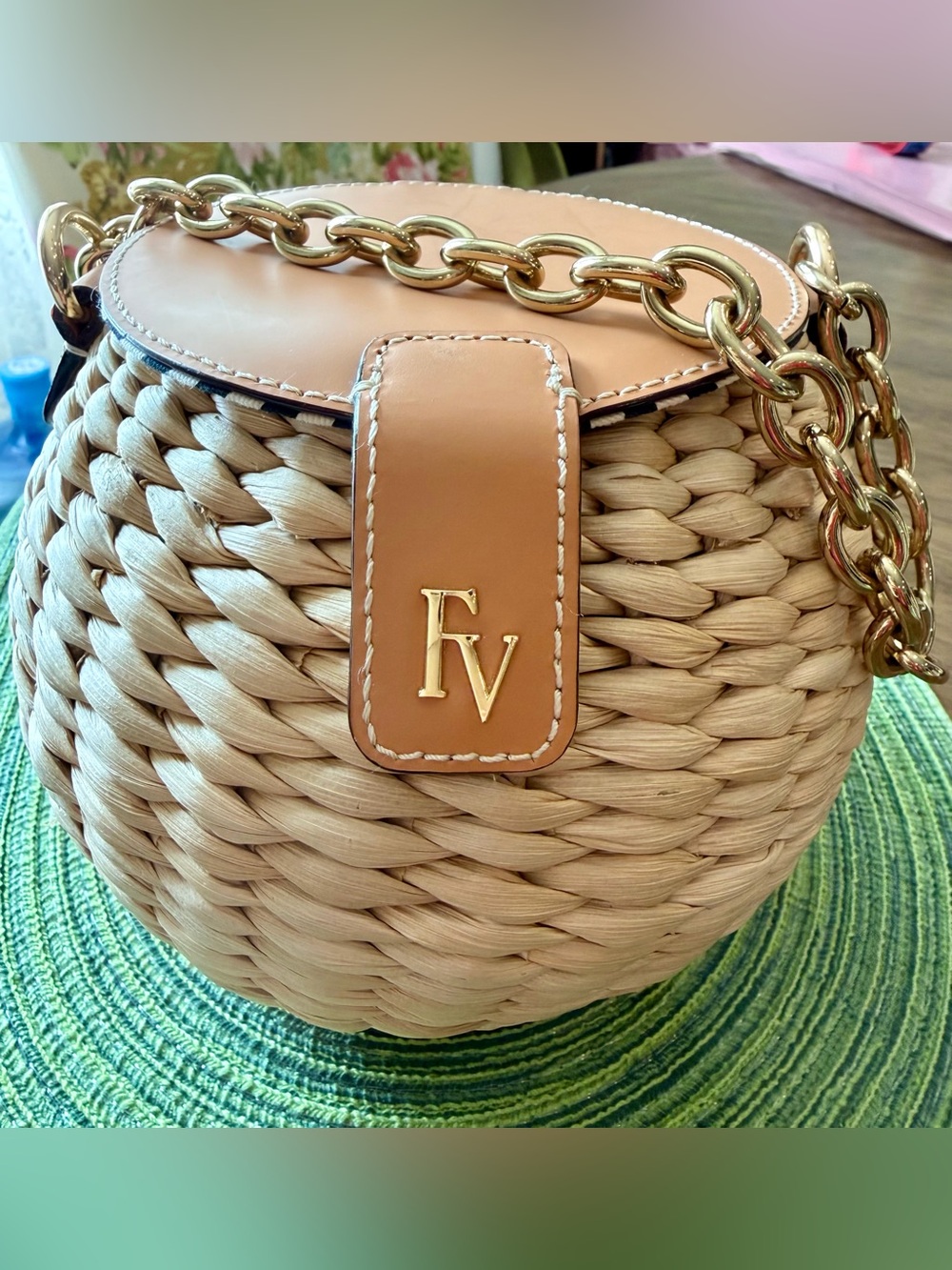 Francis Valentine Authentic Wicker Straw Mini Bag inTan with Gold Chain